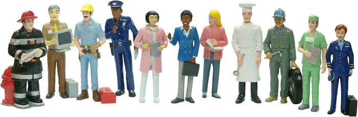 11 colorful plastic toy figures in professional uniforms, including a firefighter, chef, pilot, and doctor, in a row.