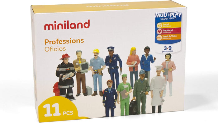 White box with yellow accents showing 11 toy figurines of diverse professions like a firefighter, chef, and doctor.