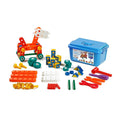 Colorful building set with tools, blocks, and a blue storage bin next to a built orange animal model on wheels.