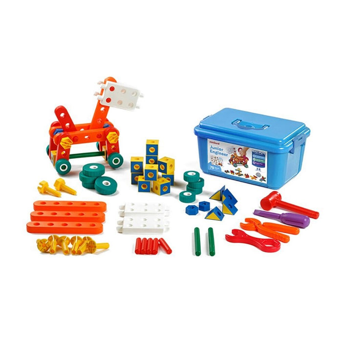 Colorful building set with tools, blocks, and a blue storage bin next to a built orange animal model on wheels.
