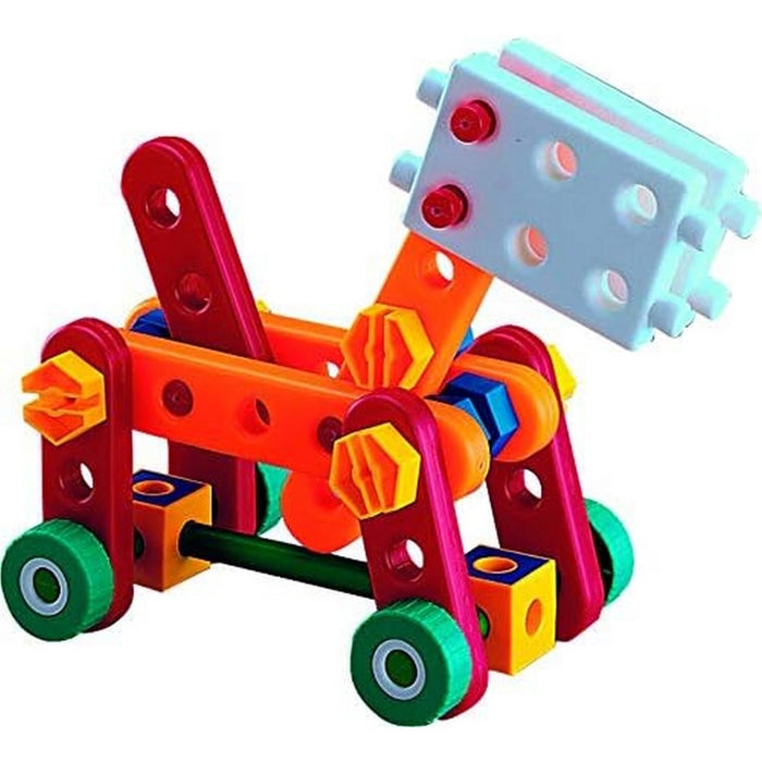 Colorful toy animal built with plastic construction pieces, featuring green wheels, red beams, and a white block head.