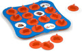 Blue memory game board with orange easy-grip caps revealing circular cards with insect illustrations.