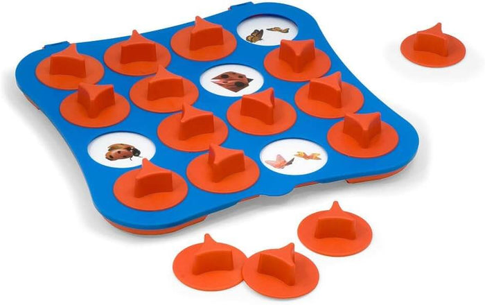Blue memory game board with orange easy-grip caps revealing circular cards with insect illustrations.