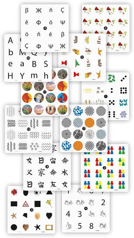 12 square white cards with 4x4 grids of colorful icons: letters, numbers, shapes, and patterns.