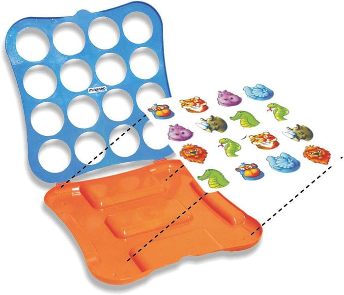 Blue 16-hole grid frame, orange base, and a sheet of colorful cartoon animal icons like lions, hippos, and monkeys.