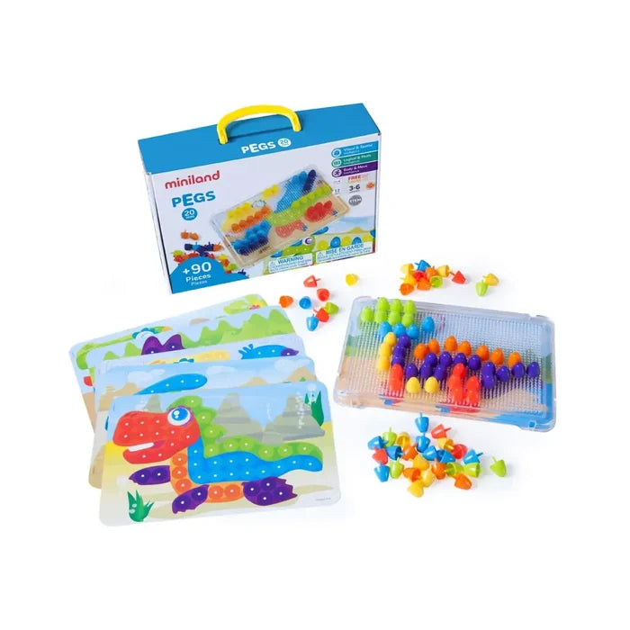 Brightly colored peg set with 20mm plastic pieces, clear tray, dinosaur templates, and blue storage box.