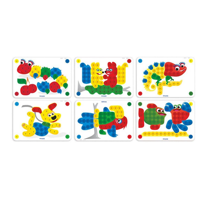 Six white cards with colorful animal designs made of bright red, yellow, blue, and green pegs.