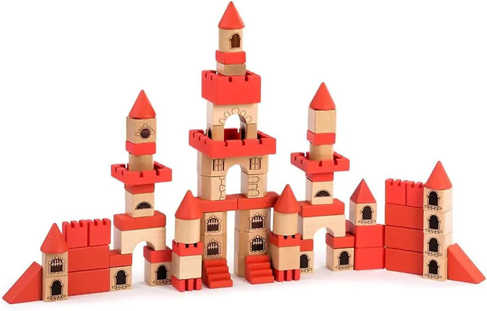 Toy castle made of red and natural wooden blocks, featuring pointed turrets, arches, and illustrated windows.