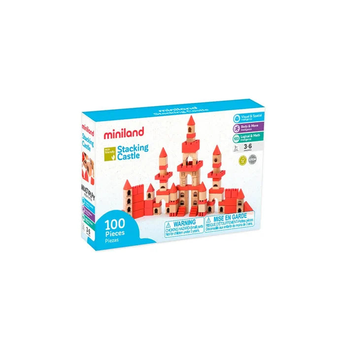 100-piece wooden block set in a white box showing a large castle built with red and natural wood towers and turrets.