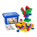 Blue storage bin with 96 colorful building blocks, including character face pieces and a built block dinosaur.