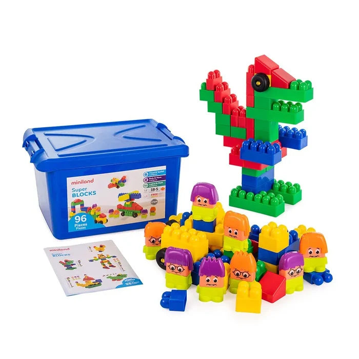 Blue storage bin with 96 colorful building blocks, including character face pieces and a built block dinosaur.
