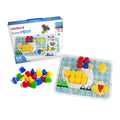 64 red, blue, green, and yellow geometric pegs with a clear pegboard, chicken design, and product packaging.