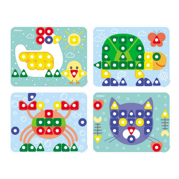 Four colorful peg boards featuring animal designs made with red, yellow, blue, and green geometric peg shapes.