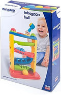 Product box for a colorful tiered ball run toy featuring a toddler playing with a blue hammer.