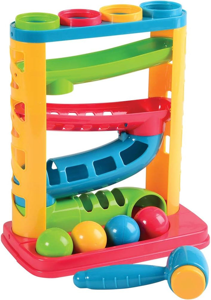 Multicolored four-tier plastic ball ramp toy with four matching colored balls and a blue and yellow toy hammer.
