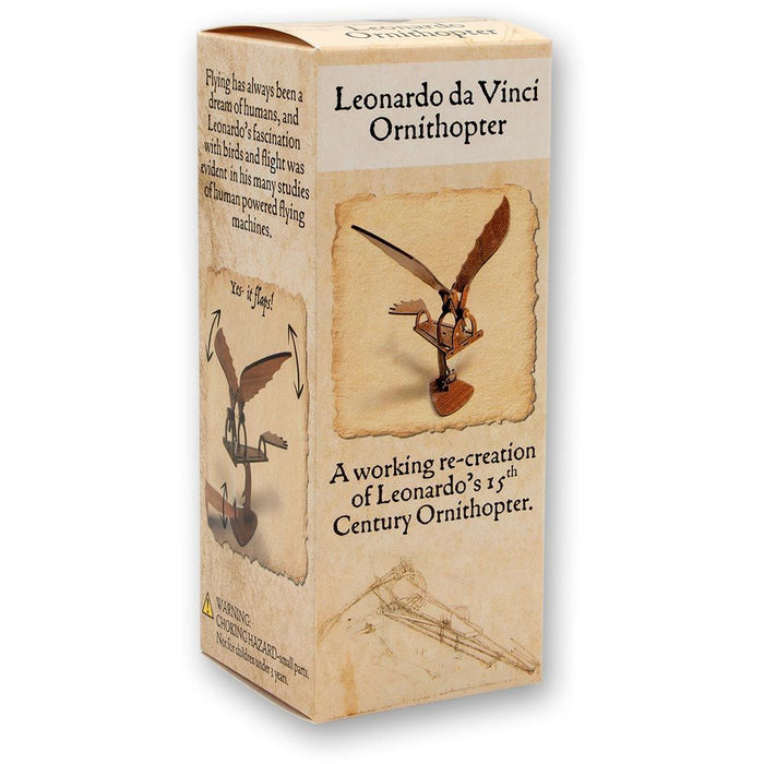 Beige box for a wooden ornithopter kit showing a photo of the bird-like machine and diagrams of its flapping wings.