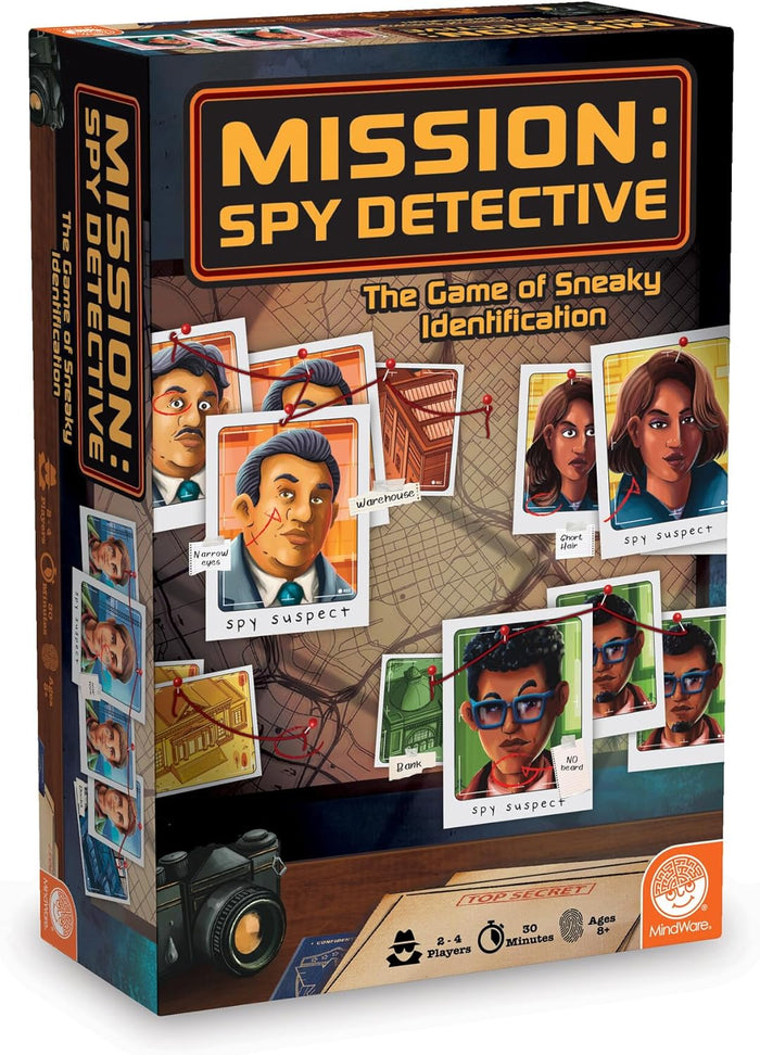 Board game box featuring an evidence board with illustrated suspect photos connected by red string and pushpins.