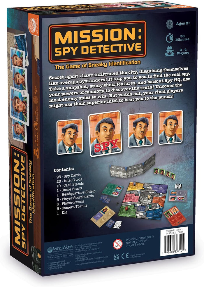 Back of Mission: Spy Detective box showing character cards, game board layout, and a list of game components.