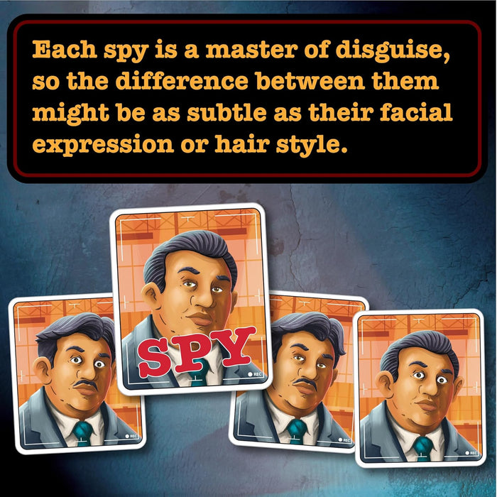 Four game cards showing subtle facial and hair variations of a spy character against a blue background.