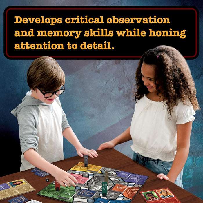 Two children playing a colorful spy-themed board game with illustrated character cards and standing game pieces.
