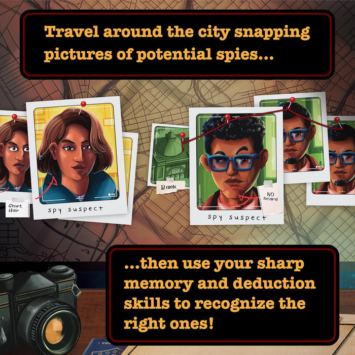 Detective board with spy suspect photos pinned to a map, notes, and a vintage camera on a desk.