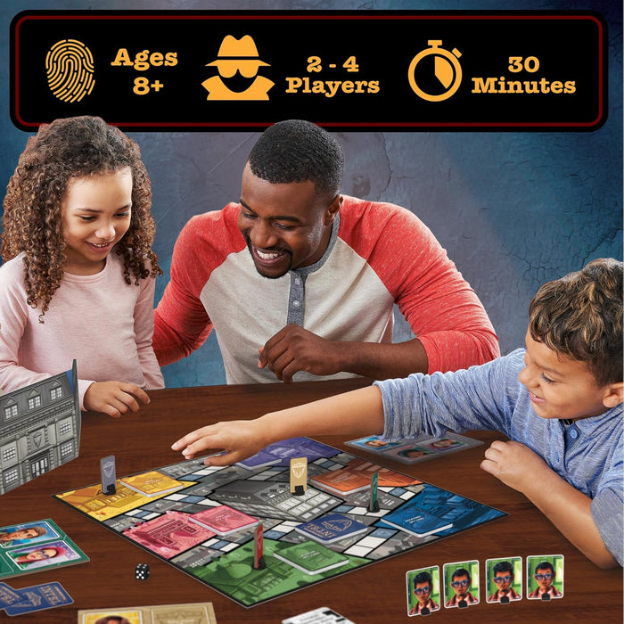 A family playing a colorful spy board game. Top banner shows age 8+, 2-4 players, and 30-minute play time.
