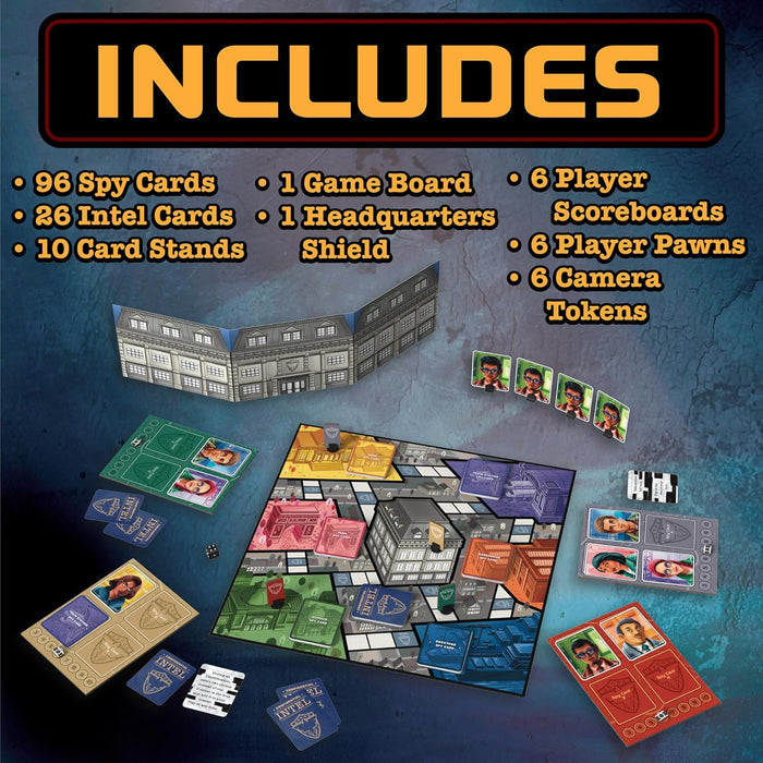 Game components including a colorful board, character cards, and cardboard shield listed under an orange INCLUDES header.