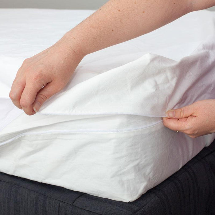 MiteGuard cot mattress cover placed on a mattress, showing its protective fabric and snug fit for allergy prevention.