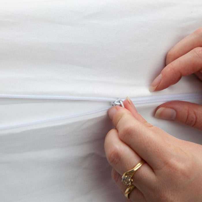 MiteGuard cot mattress cover zipped closed, protective bedding with waterproof fabric for a secure sleep surface.