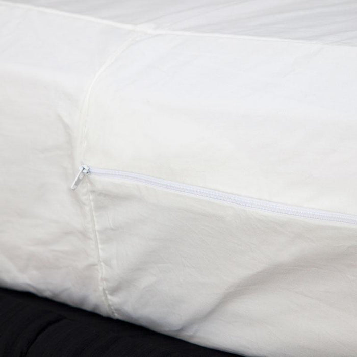 MiteGuard Cot Mattress Cover with a closed zipper, waterproof fabric, and snug fit on a cot mattress for allergy protection.