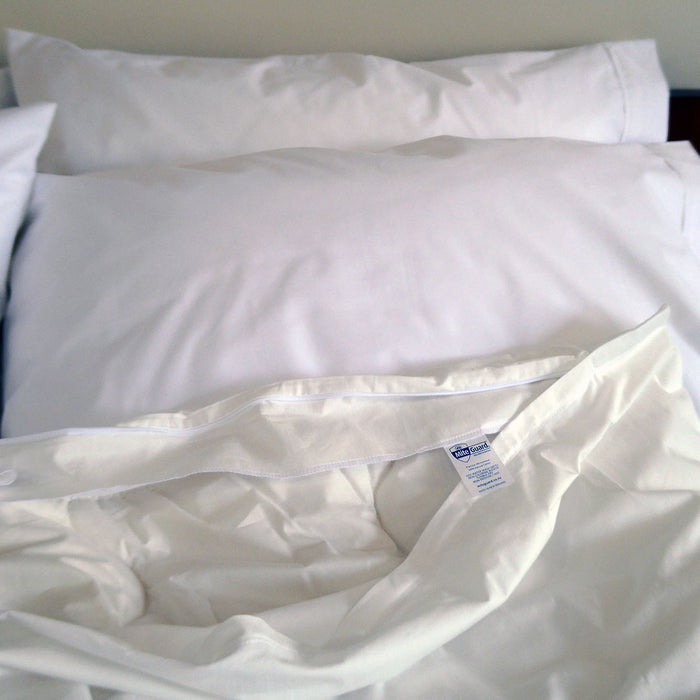 MiteGuard cotton duvet cover with label, featuring a soft, breathable fabric for comfortable sleep.
