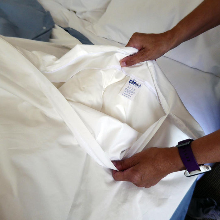 Open MiteGuard Cotton Duvet Cover showing the tag, made of breathable cotton, designed for allergy protection and comfort.