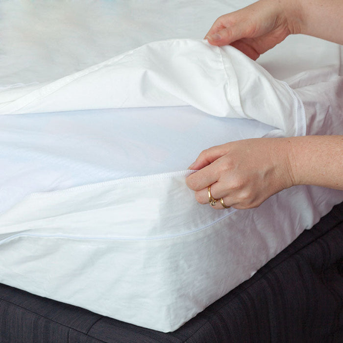 Open MiteGuard cotton mattress cover showing soft, breathable fabric designed to protect against mites and allergens.