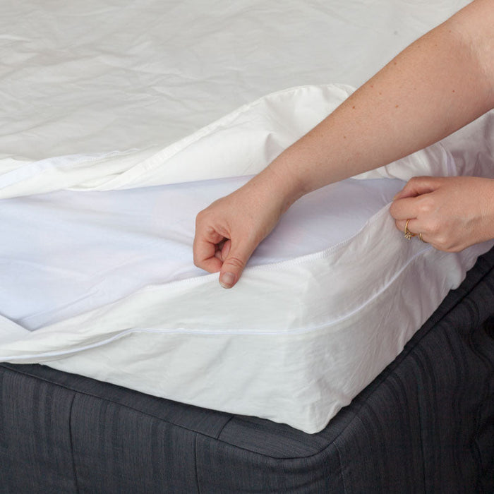 MiteGuard cotton mattress cover being placed on a mattress, providing protective bedding with a soft, breathable fabric.