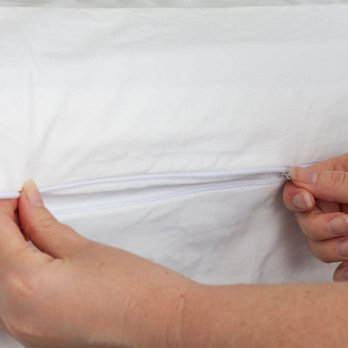 MiteGuard cotton mattress cover with zipper closure, protective bedding layer for allergy and dust mite prevention.