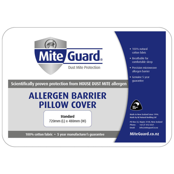 MiteGuard pillow cover in standard size, protective bedding cover for pillows, made to block dust mites and allergens.