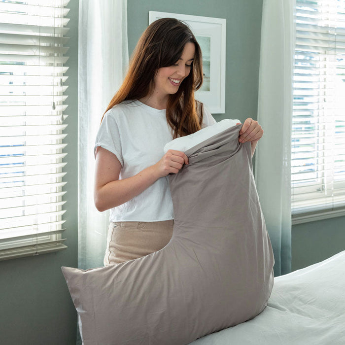 MiteGuard Tri-Pillow Cover on a pillow, showing light linen fabric and secure fit for pillows and pillow covers.