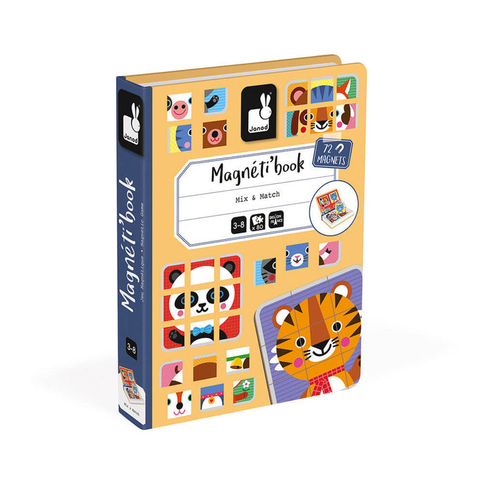 Yellow book-shaped box with a blue spine and colorful illustrations of stylized animal faces like a panda and tiger.