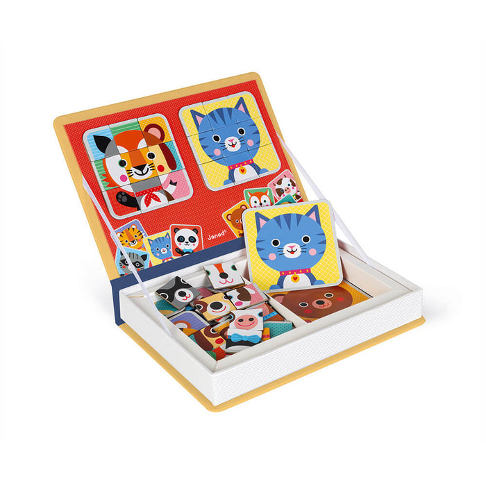 Yellow book-shaped magnetic box open with animal puzzle pieces, cards, and a magnetic board for building cartoon faces.