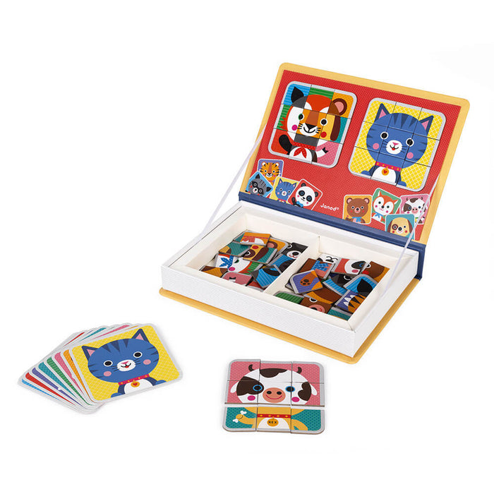 Open book-shaped magnetic puzzle featuring colorful animal face tiles, reference cards, and storage compartments.