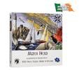 Mizen Head jigsaw puzzle box with an illustration of a lighthouse, bridge, sailboats, compass rose, and whale tail.