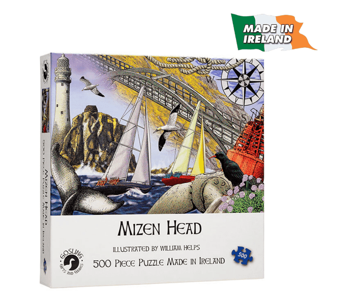 Mizen Head jigsaw puzzle box with an illustration of a lighthouse, bridge, sailboats, compass rose, and whale tail.