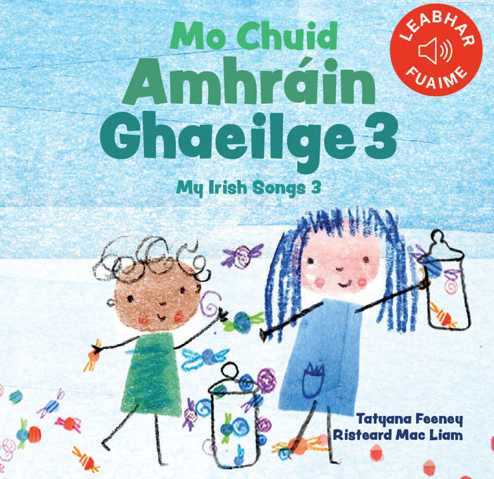Crayon-style drawing of two girls on a blue background with green and blue text and a red sound icon in the top right.