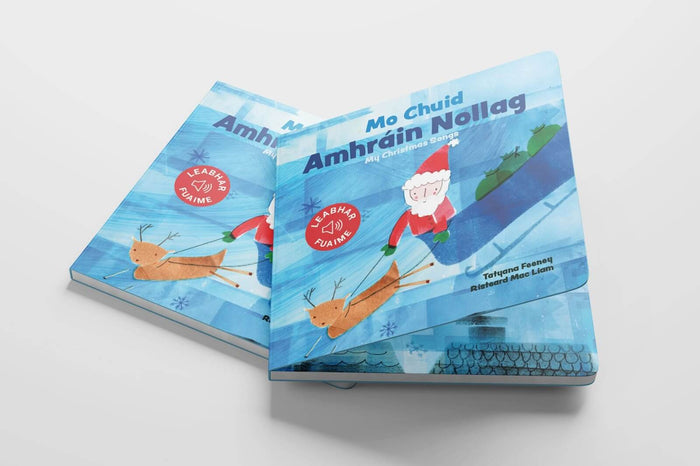 Two blue board books with watercolor Santa and reindeer illustrations and a red Leabhar Fuaime sound book icon.