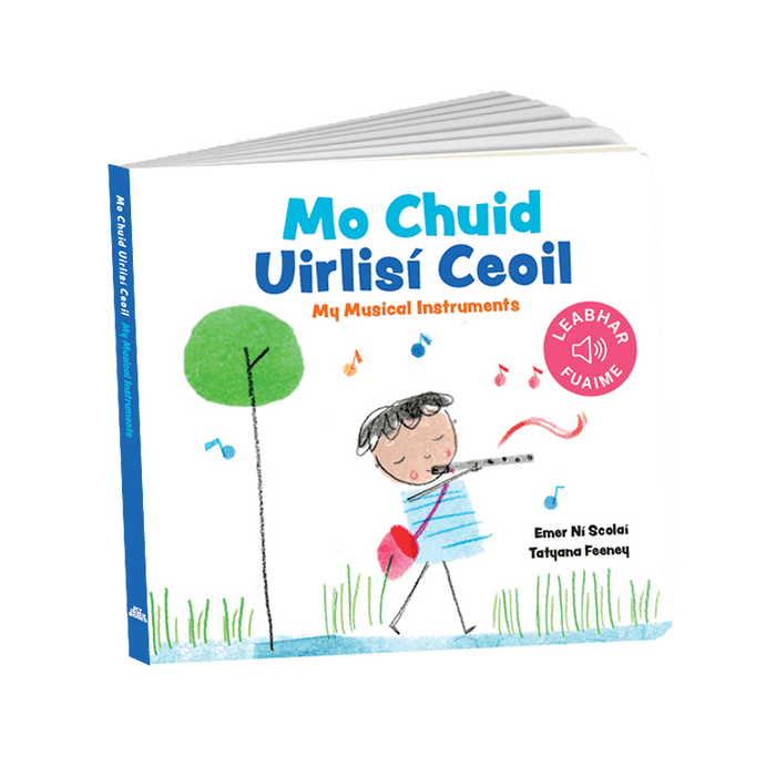 Square white board book with blue text, an illustration of a child playing a flute, green tree, and pink sound icon.