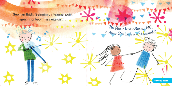 Illustrations of a fiddler and dancing children among bright yellow stars on a colorful Irish children's book page.