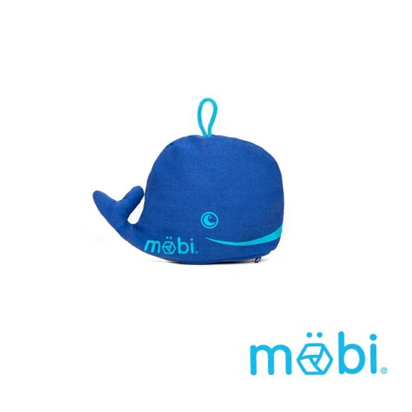 Blue whale-shaped fabric pouch with light blue eye, smile, and logo. Includes a small loop at the top.