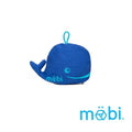 Blue whale-shaped fabric pouch with light blue eye, smile, and logo. Includes a small loop at the top.
