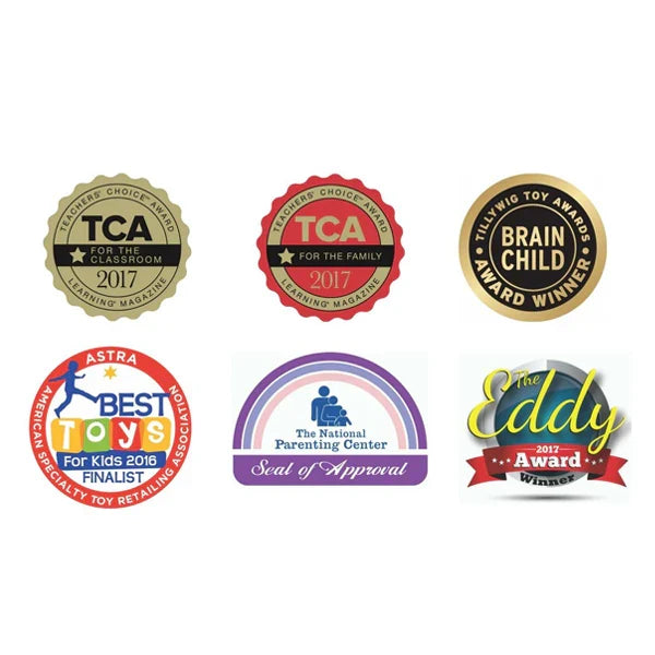 Six colorful award seals including gold Teachers' Choice, red ASTRA Best Toys, and a purple National Parenting seal.