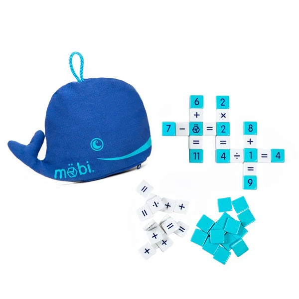 Blue whale-shaped pouch with blue and white math tiles arranged in crossword-style equations.